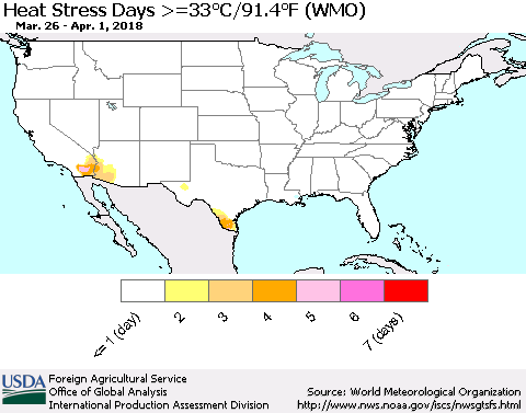 United States Heat Stress Days >=35°C/95°F (WMO) Thematic Map For 3/26/2018 - 4/1/2018