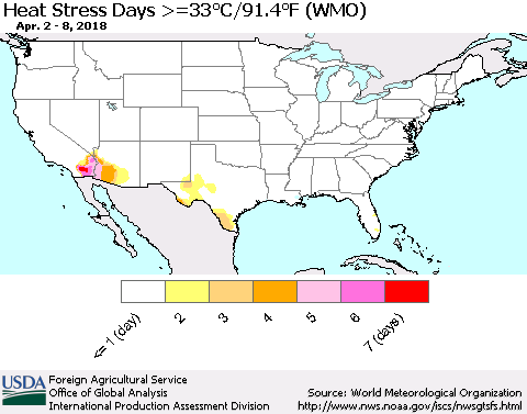 United States Heat Stress Days >=35°C/95°F (WMO) Thematic Map For 4/2/2018 - 4/8/2018