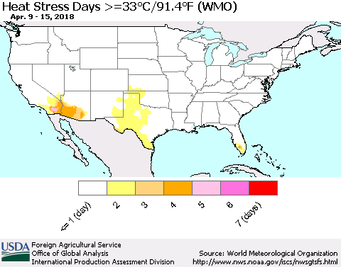 United States Heat Stress Days >=35°C/95°F (WMO) Thematic Map For 4/9/2018 - 4/15/2018
