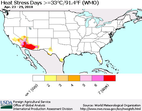 United States Heat Stress Days >=35°C/95°F (WMO) Thematic Map For 4/23/2018 - 4/29/2018
