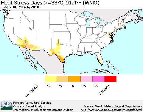 United States Heat Stress Days >=35°C/95°F (WMO) Thematic Map For 4/30/2018 - 5/6/2018