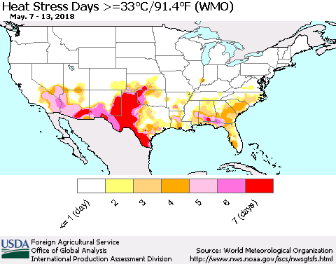 United States Heat Stress Days >=35°C/95°F (WMO) Thematic Map For 5/7/2018 - 5/13/2018