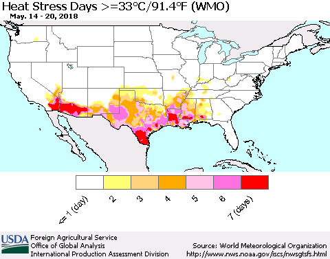United States Heat Stress Days >=35°C/95°F (WMO) Thematic Map For 5/14/2018 - 5/20/2018