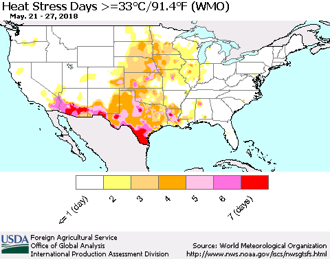 United States Heat Stress Days >=35°C/95°F (WMO) Thematic Map For 5/21/2018 - 5/27/2018