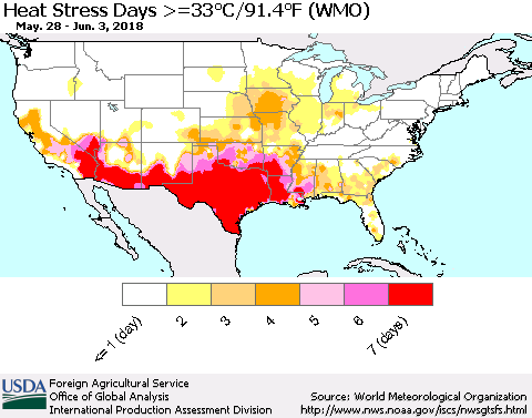 United States Heat Stress Days >=35°C/95°F (WMO) Thematic Map For 5/28/2018 - 6/3/2018