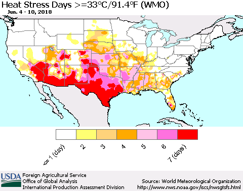 United States Heat Stress Days >=35°C/95°F (WMO) Thematic Map For 6/4/2018 - 6/10/2018