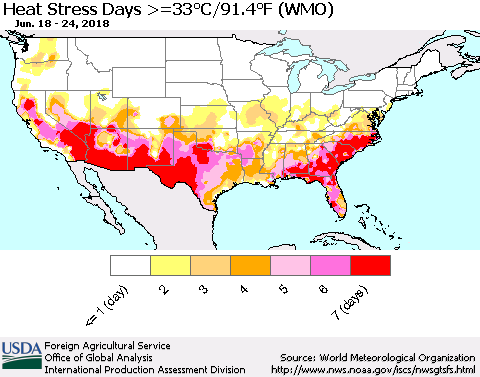 United States Heat Stress Days >=35°C/95°F (WMO) Thematic Map For 6/18/2018 - 6/24/2018
