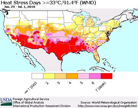 United States Heat Stress Days >=35°C/95°F (WMO) Thematic Map For 6/25/2018 - 7/1/2018