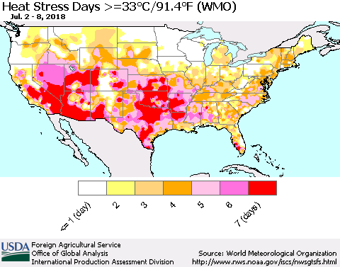 United States Heat Stress Days >=35°C/95°F (WMO) Thematic Map For 7/2/2018 - 7/8/2018
