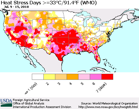 United States Heat Stress Days >=35°C/95°F (WMO) Thematic Map For 7/9/2018 - 7/15/2018