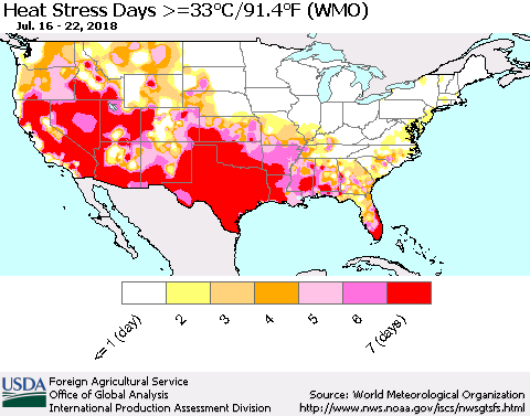 United States Heat Stress Days >=35°C/95°F (WMO) Thematic Map For 7/16/2018 - 7/22/2018
