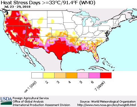 United States Heat Stress Days >=35°C/95°F (WMO) Thematic Map For 7/23/2018 - 7/29/2018