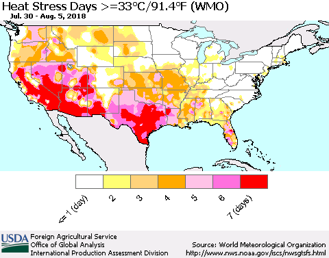 United States Heat Stress Days >=35°C/95°F (WMO) Thematic Map For 7/30/2018 - 8/5/2018