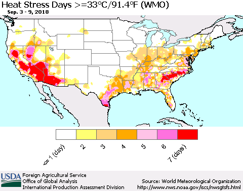 United States Heat Stress Days >=35°C/95°F (WMO) Thematic Map For 9/3/2018 - 9/9/2018
