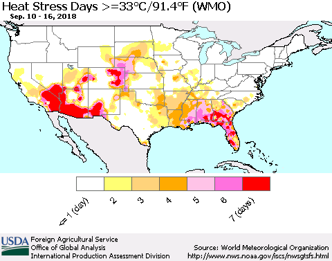 United States Heat Stress Days >=35°C/95°F (WMO) Thematic Map For 9/10/2018 - 9/16/2018