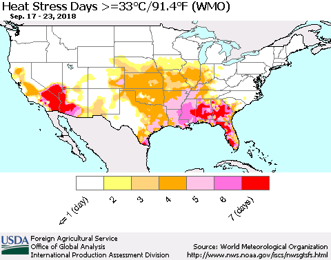 United States Heat Stress Days >=35°C/95°F (WMO) Thematic Map For 9/17/2018 - 9/23/2018