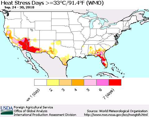 United States Heat Stress Days >=35°C/95°F (WMO) Thematic Map For 9/24/2018 - 9/30/2018