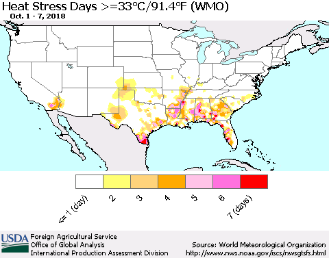 United States Heat Stress Days >=35°C/95°F (WMO) Thematic Map For 10/1/2018 - 10/7/2018