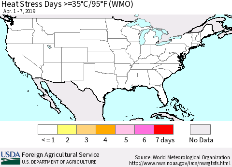 United States Heat Stress Days >=35°C/95°F (WMO) Thematic Map For 4/1/2019 - 4/7/2019