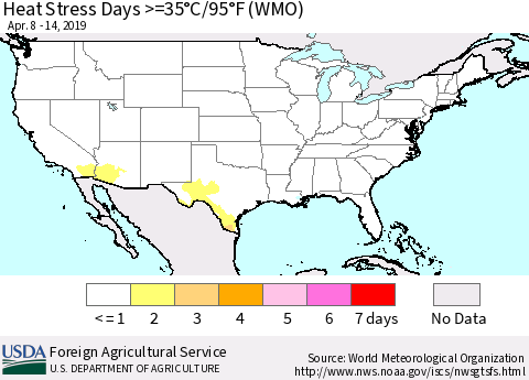 United States Heat Stress Days >=35°C/95°F (WMO) Thematic Map For 4/8/2019 - 4/14/2019