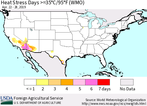 United States Heat Stress Days >=35°C/95°F (WMO) Thematic Map For 4/22/2019 - 4/28/2019