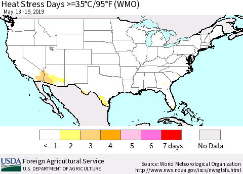United States Heat Stress Days >=35°C/95°F (WMO) Thematic Map For 5/13/2019 - 5/19/2019
