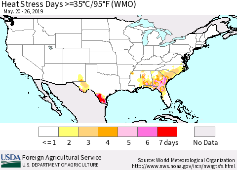 United States Heat Stress Days >=35°C/95°F (WMO) Thematic Map For 5/20/2019 - 5/26/2019