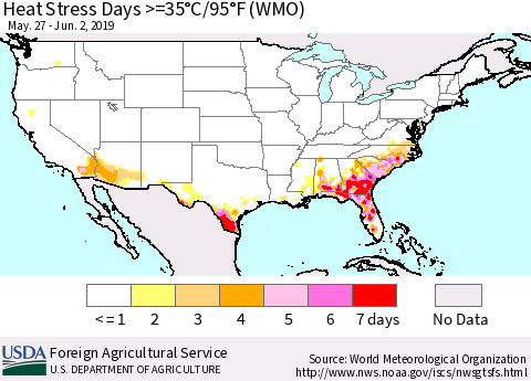 United States Heat Stress Days >=35°C/95°F (WMO) Thematic Map For 5/27/2019 - 6/2/2019