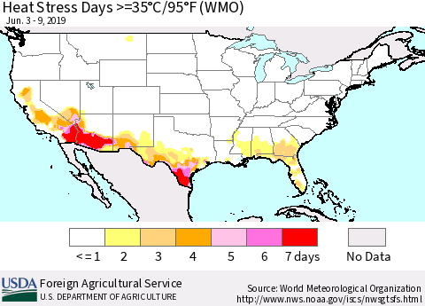 United States Heat Stress Days >=35°C/95°F (WMO) Thematic Map For 6/3/2019 - 6/9/2019
