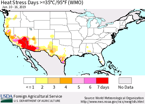 United States Heat Stress Days >=35°C/95°F (WMO) Thematic Map For 6/10/2019 - 6/16/2019