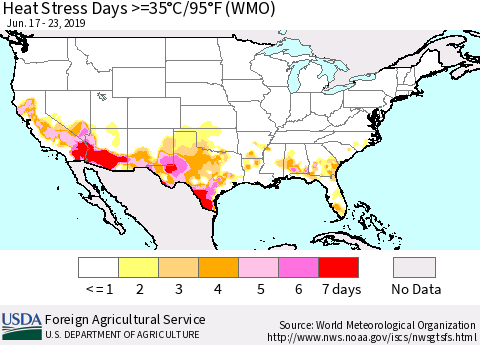 United States Heat Stress Days >=35°C/95°F (WMO) Thematic Map For 6/17/2019 - 6/23/2019