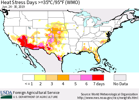 United States Heat Stress Days >=35°C/95°F (WMO) Thematic Map For 6/24/2019 - 6/30/2019