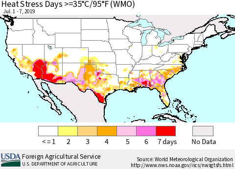 United States Heat Stress Days >=35°C/95°F (WMO) Thematic Map For 7/1/2019 - 7/7/2019