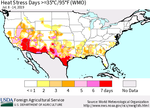 United States Heat Stress Days >=35°C/95°F (WMO) Thematic Map For 7/8/2019 - 7/14/2019