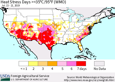 United States Heat Stress Days >=35°C/95°F (WMO) Thematic Map For 7/15/2019 - 7/21/2019