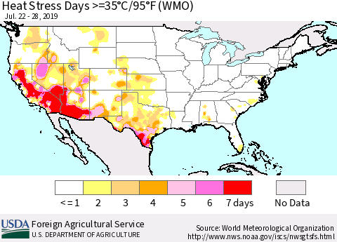 United States Heat Stress Days >=35°C/95°F (WMO) Thematic Map For 7/22/2019 - 7/28/2019