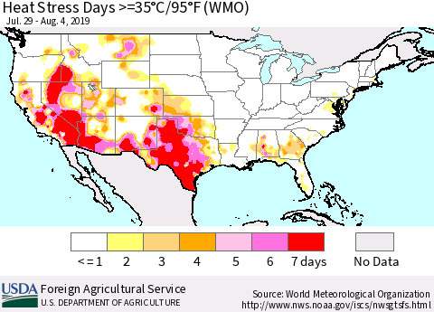 United States Heat Stress Days >=35°C/95°F (WMO) Thematic Map For 7/29/2019 - 8/4/2019