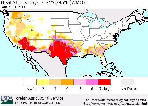 United States Heat Stress Days >=35°C/95°F (WMO) Thematic Map For 8/5/2019 - 8/11/2019