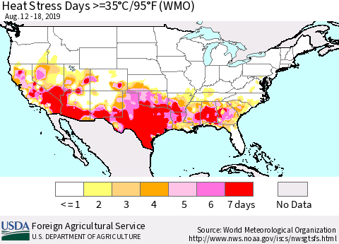 United States Heat Stress Days >=35°C/95°F (WMO) Thematic Map For 8/12/2019 - 8/18/2019