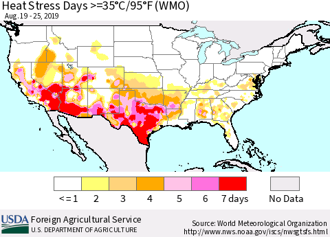 United States Heat Stress Days >=35°C/95°F (WMO) Thematic Map For 8/19/2019 - 8/25/2019