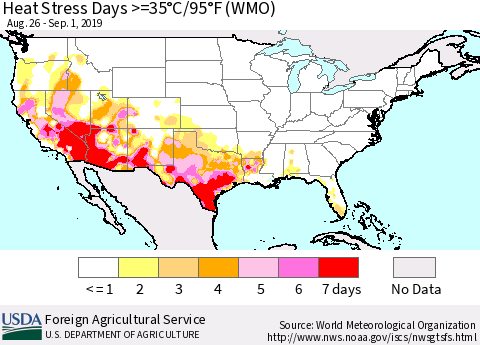 United States Heat Stress Days >=35°C/95°F (WMO) Thematic Map For 8/26/2019 - 9/1/2019