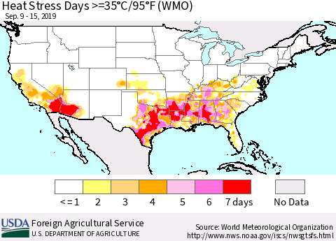 United States Heat Stress Days >=35°C/95°F (WMO) Thematic Map For 9/9/2019 - 9/15/2019