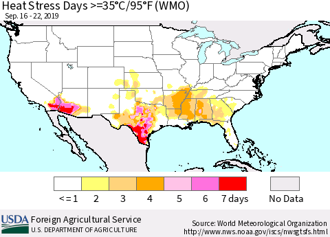 United States Heat Stress Days >=35°C/95°F (WMO) Thematic Map For 9/16/2019 - 9/22/2019