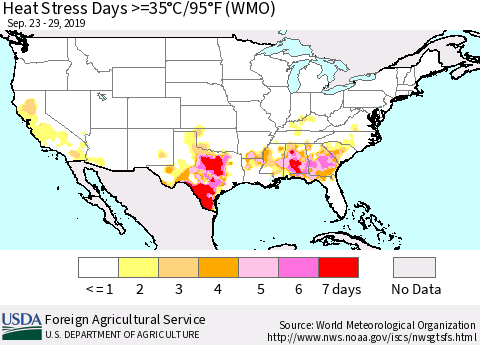United States Heat Stress Days >=35°C/95°F (WMO) Thematic Map For 9/23/2019 - 9/29/2019