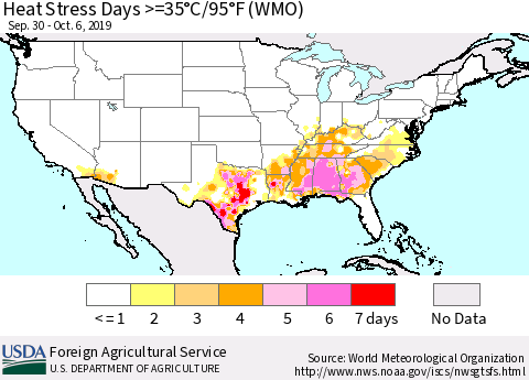 United States Heat Stress Days >=35°C/95°F (WMO) Thematic Map For 9/30/2019 - 10/6/2019