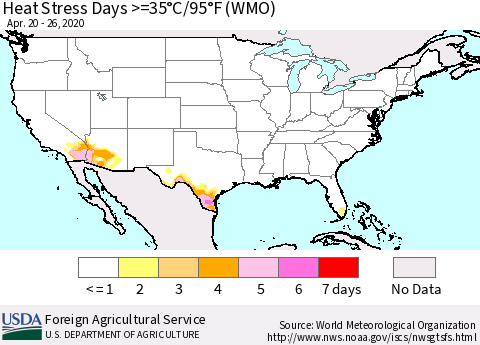 United States Heat Stress Days >=35°C/95°F (WMO) Thematic Map For 4/20/2020 - 4/26/2020