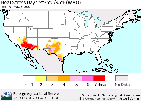 United States Heat Stress Days >=35°C/95°F (WMO) Thematic Map For 4/27/2020 - 5/3/2020