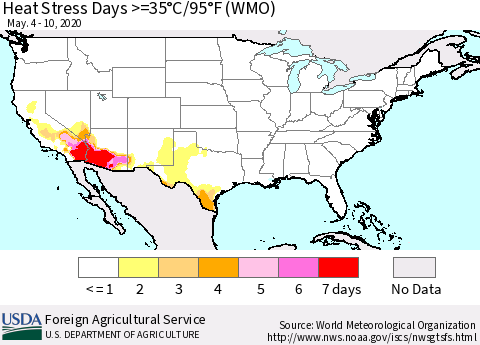 United States Heat Stress Days >=35°C/95°F (WMO) Thematic Map For 5/4/2020 - 5/10/2020
