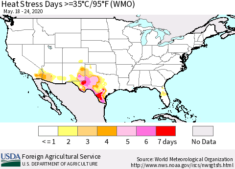 United States Heat Stress Days >=35°C/95°F (WMO) Thematic Map For 5/18/2020 - 5/24/2020
