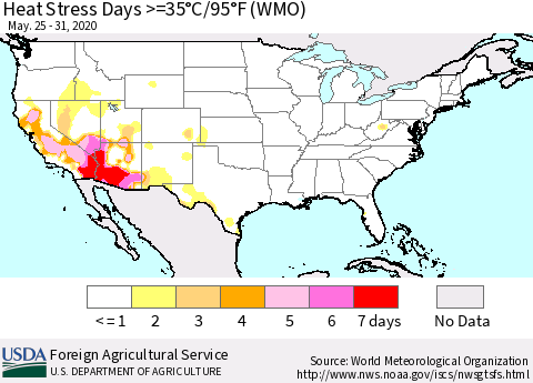United States Heat Stress Days >=35°C/95°F (WMO) Thematic Map For 5/25/2020 - 5/31/2020